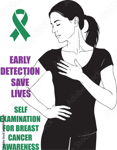 Woman checking her breast to prevent and support the cause of breast cancer. Breast self exam concept vector illustration