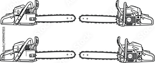 Four black and white line of chainsaws arranged in a grid on a white background tool equipment cutting