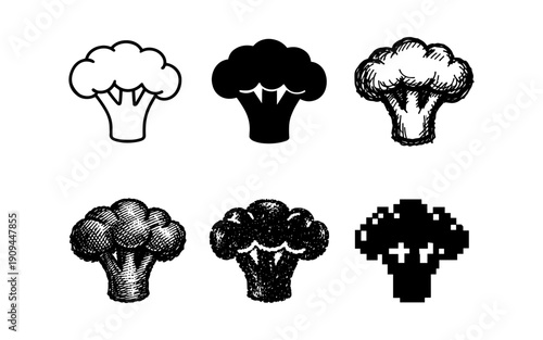 Collection of broccoli icons in various artistic styles and resolutions