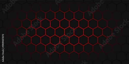 Abstract dark hexagon pattern on red neon background technology style. Modern futuristic geometric shape web banner design. You can use for cover template, poster, flyer, print ad. Vector illustration