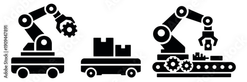 Solid industrial icon set featuring robotic arms, an autonomous mobile robot, and a manufacturing assembly line for industrial automation and modern production