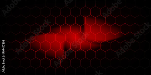 Abstract dark hexagon pattern on red neon background technology style. Modern futuristic geometric shape web banner design. You can use for cover template, poster, flyer, print ad. Vector illustration