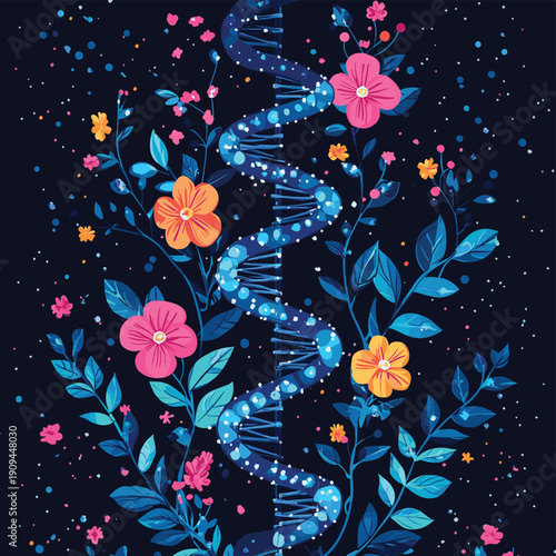 DNA chain and art nouveau flowers. Symbol of art, science, knowledge, medicine, evolutions, lives and death t-shirt design, vector style simple color , vector style simple color