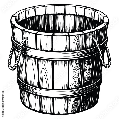 Old wood bucket woodcut engraving vector illustration suitable for classic rustic design heritage objects and traditional engraving art projects