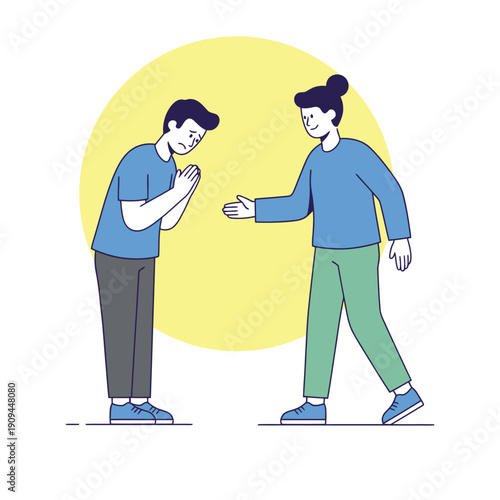 Concept of reconciliation and empathy featuring a man asking for forgiveness and a supportive woman. Modern illustration for social interaction, relationship counseling, and kindness.