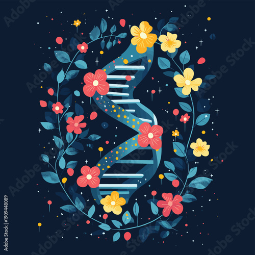 DNA chain and art nouveau flowers. Symbol of art, science, knowledge, medicine, evolutions, lives and death t-shirt design, vector style simple color , vector style simple color