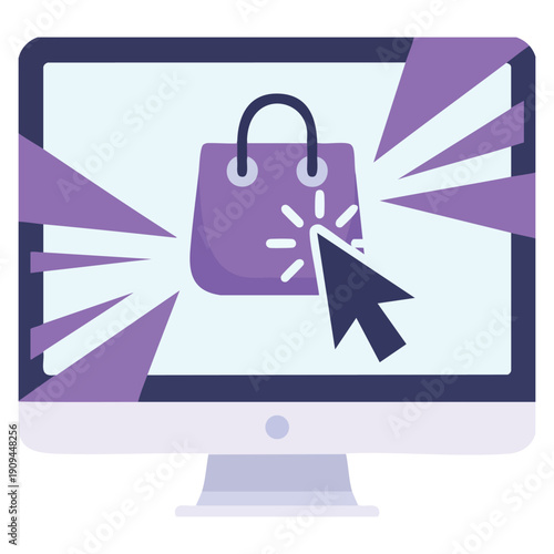Online shopping icon with handbag inside monitor illustrating ecommerce digital retail purchasing and virtual store concept ideal for marketing graphics and web interface design