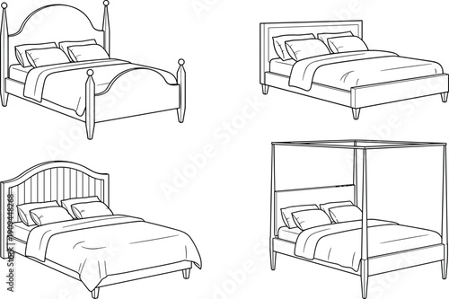 Four different styles of beds with pillows and blankets in line bedroom furniture interior