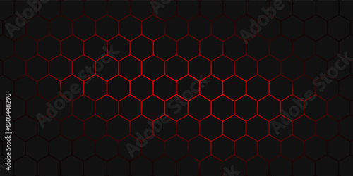 Abstract dark hexagon pattern on red neon background technology style. Modern futuristic geometric shape web banner design. You can use for cover template, poster, flyer, print ad. Vector illustration
