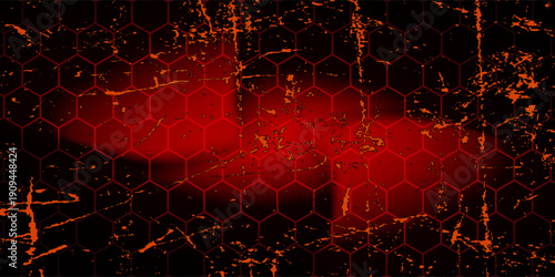 Abstract dark hexagon pattern on red neon background technology style. Modern futuristic geometric shape web banner design. You can use for cover template, poster, flyer, print ad. Vector illustration