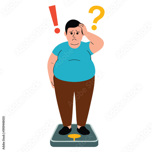 Overweight man standing on body scale in flat design on white background showing weight gain anxiety health lifestyle obesity awareness illustration