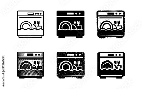 Collection of dishwasher icons in various styles, from line art to pixelated