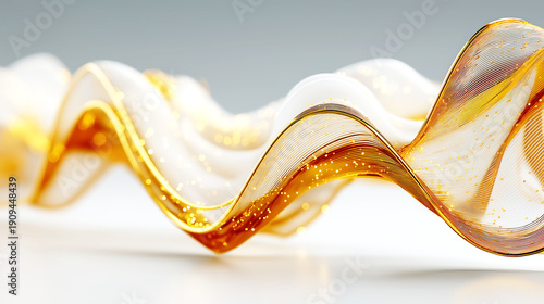 Abstract Golden Ribbon Wave with Sparkling Particles on Soft White Background