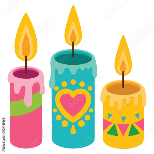 Painted candles Cinco de Mayo in flamboyant Mexican style honoring all saints cartoon vector graphics ideal for cultural holiday celebration festival designs