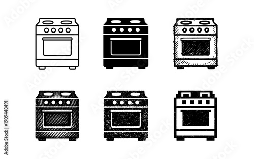 Collection of six different stove icons in various artistic styles and textures
