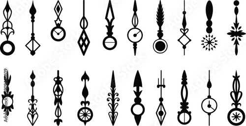 A collection of ornate black decorative design elements and flourishes resembling vintage clock components and spires high-quality professional detailed modern