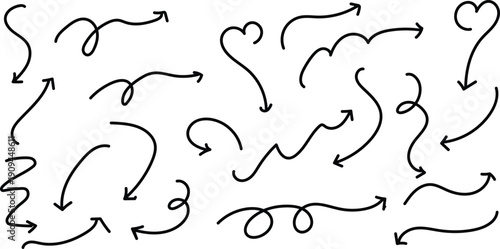 Collection of hand drawn arrows and swirling lines in black on white background