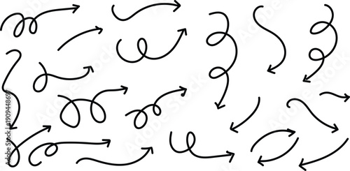 Collection of hand drawn arrows with various curved and twisted designs