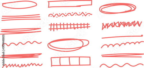 Collection of various red hand drawn lines and shapes on a white background