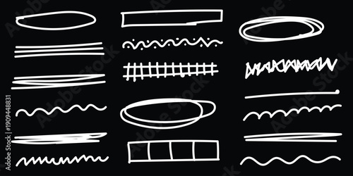 Collection of various white line patterns and shapes on a black background