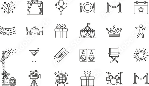 Party and celebration line icon set with balloons gifts stage fireworks cake vector illustration collection