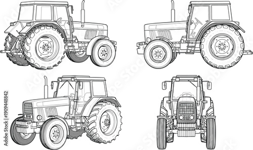 Four views of a line of a tractor line vehicle farm equipment 1 agriculture machinery