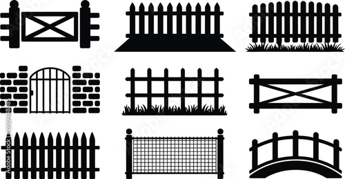A collection of various black silhouette fence designs and a small arched garden gate illustration high-quality professional detailed modern elegant