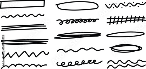 Collection of hand drawn lines and shapes in various styles and patterns