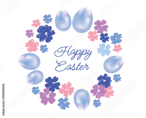 Happy Easter Blue Eggs and Spring Flowers Wreath	
