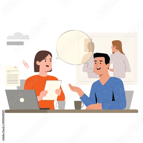 People at job interview with HR manager interviewing candidate for vacancy during business meeting and conversation focused on headhunting recruitment and company hiring employee flat 