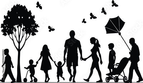 Family walking in park with kite isolated on transparent background, Vector, illustration