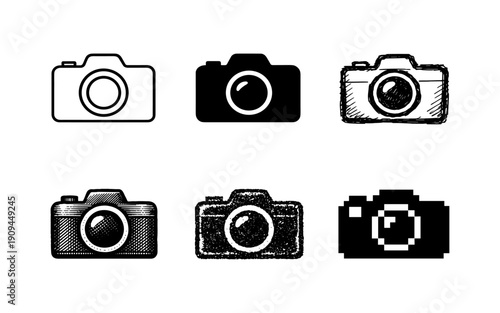 Collection of six different camera icons in various artistic styles and resolutions