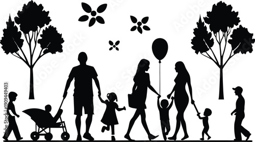 Family walking in park with children and balloons isolated on transparent background, Vector, illustration