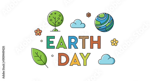 Happy Earth Day Illustration with Trees, Clouds, and a Globe Symbolizing Environmental Protection and a Healthy Planet