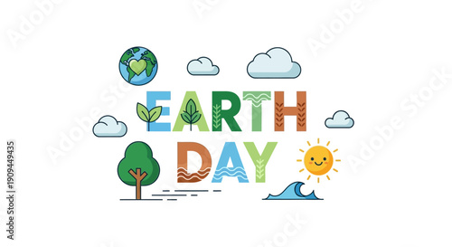 Happy Earth Day illustration with globe, trees, sun, clouds, and waves, celebrating environmental awareness and sustainability