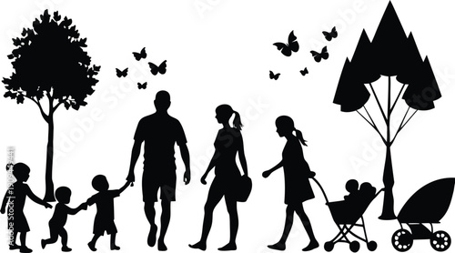 Silhouette family walking in park isolated on transparent background, Vector, illustration