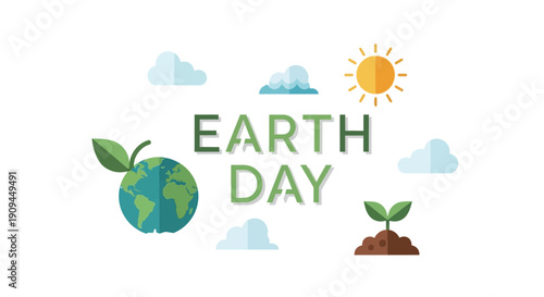 Celebrate Earth Day with vibrant illustrations of our planet, sprouting plants, clouds, and a sunny sky, promoting environmental awareness and sustainability for a healthier future for everyone