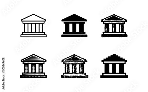 Collection of diverse classical building icons representing government and finance institutions