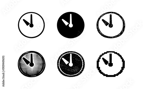 Collection of six diverse clock face icons representing different artistic styles and digital formats