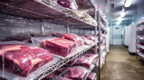 Vacuum-sealed raw beef cuts on metal shelves in a commercial cold storage room or walk-in freezer.
