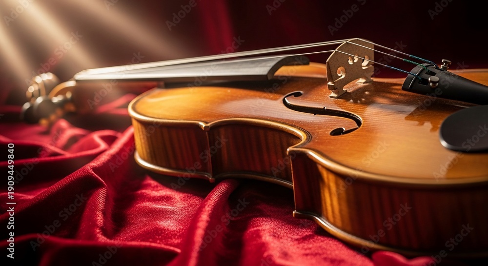 Obraz premium Violin on Red Velvet Fabric Closeup.