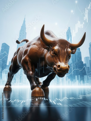 Bronze bull statue symbolizing financial markets amidst a bustling city skyline with upward trending graphs