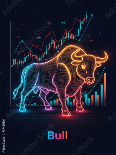 A vibrant neon bull stands powerfully against a backdrop of glowing financial charts, symbolizing a robust market trend