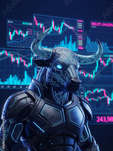 Futuristic robotic bull symbolizing a strong digital market trend with glowing eyes and complex financial charts