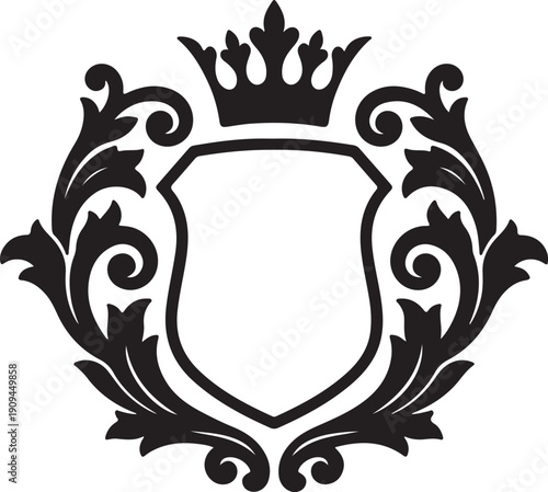 Elegant heraldic crest with a central shield, royal crown, and decorative floral swirls