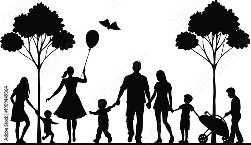 Family silhouette with children and balloon isolated on transparent background, Vector, illustration