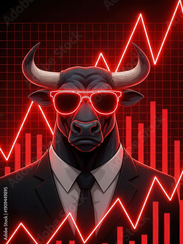 Confident bull market icon in a sleek suit and neon glasses against a vibrant red financial chart background