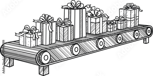 Hand drawn of gift boxes on a conveyor belt present ribbon