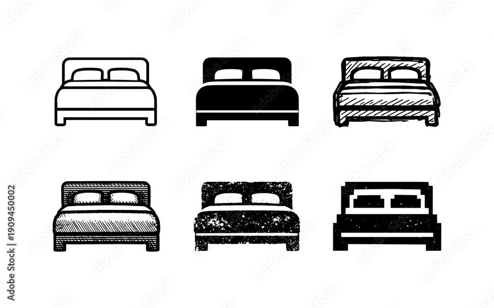 Obraz premium Collection of six different bed icons in various styles and textures on a white background