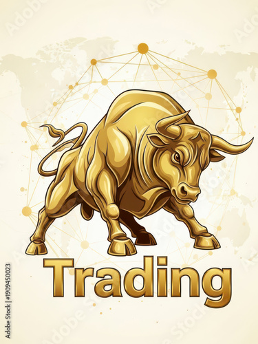 A powerful golden bull, symbolizing strength and prosperity in financial markets, with the word 'trading' below.